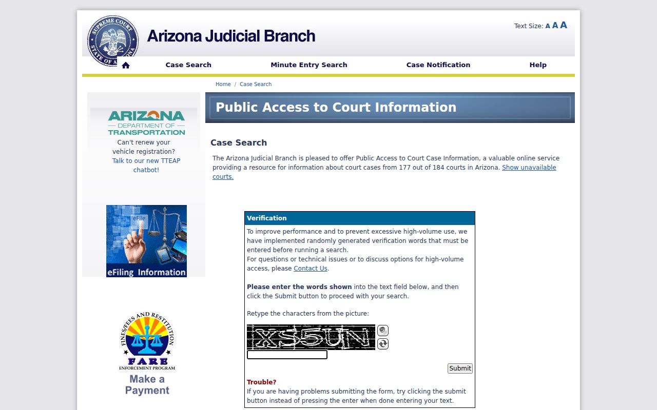 Scottsdale resident lookup at Arizona statewide court search