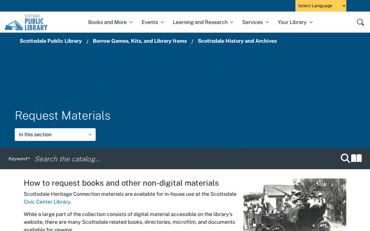 Scottsdale city directory Heritage Connection material request page